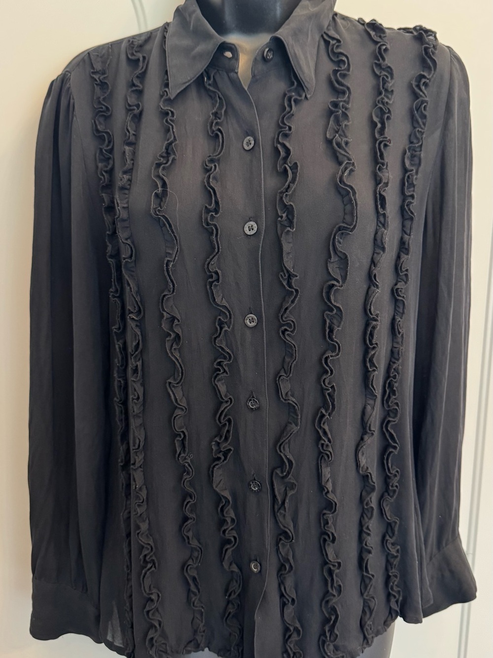 Max Studio M Black 100% Silk Ruffle Button Front Blouse Romantic Victorian